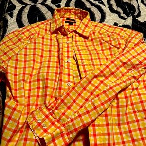 Bright—orange, yellow, and white.   Classic fit. Size-Medium